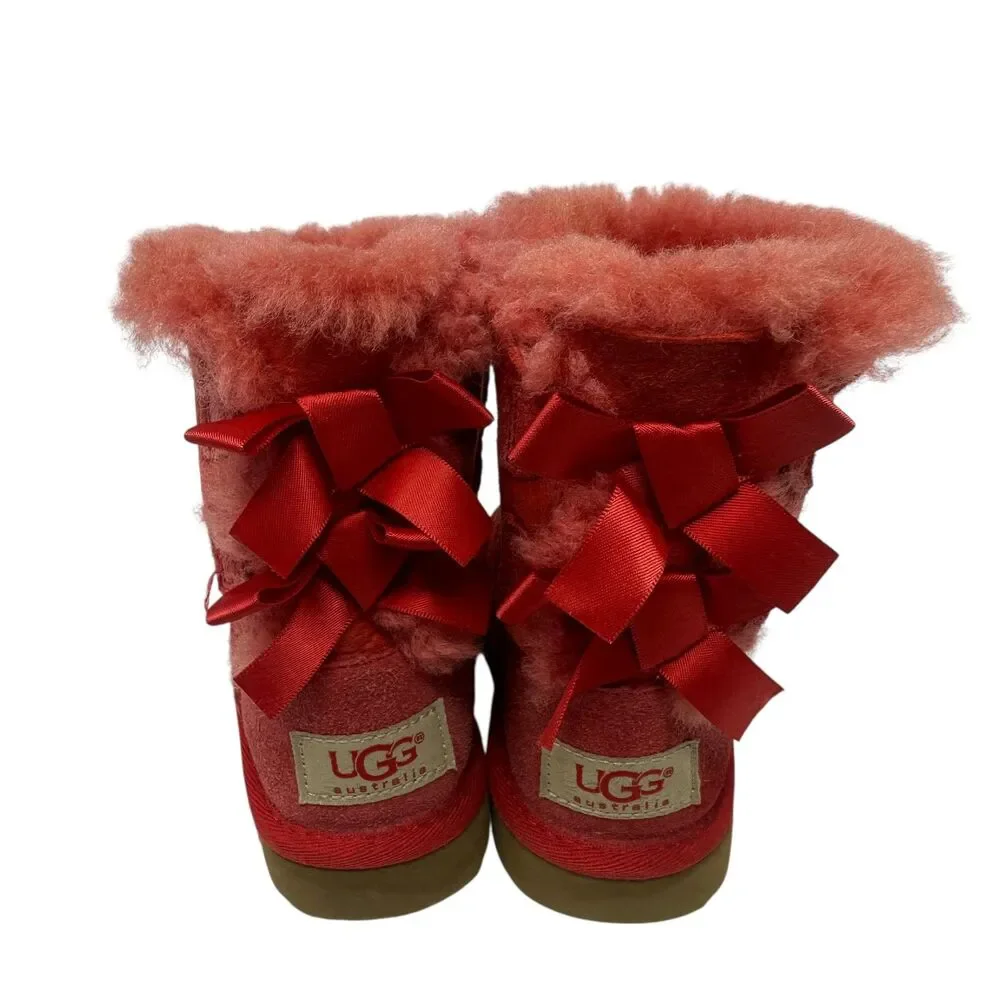 UGG Toddler Girls Red Shearling Lined Mid Calf Suede Booties with Bows Size 7‎